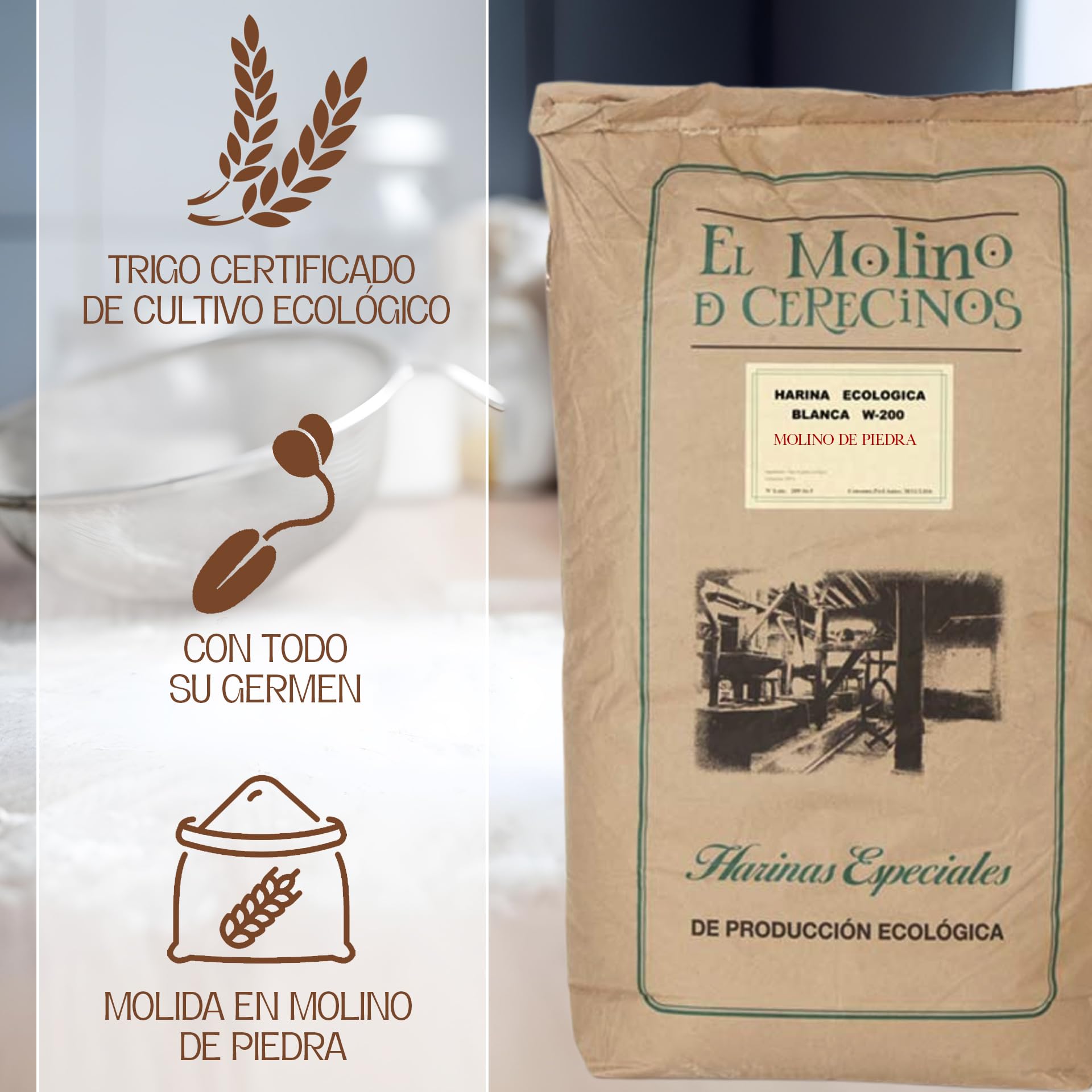 Harina de Trigo Ecológica Blanca | Molida En Piedra | Harina De Fuerza Panificadora W-200, Alta en Fibra, con Todo su Germen | Harina Ecológica Ideal para Pizzas, Hogazas Masas Madres y Más | 25 Kg