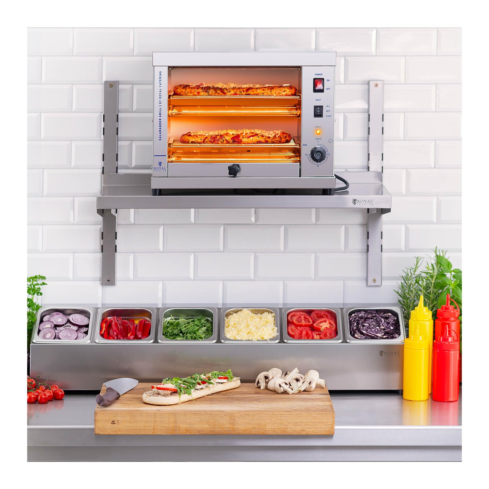Royal Catering RC-SGI01 Salamandre De Cuisine Professionnelle Four Électrique Grill (3 200 W, 0-15 min, Récipient collecteur de graisse, Acier inoxydable)