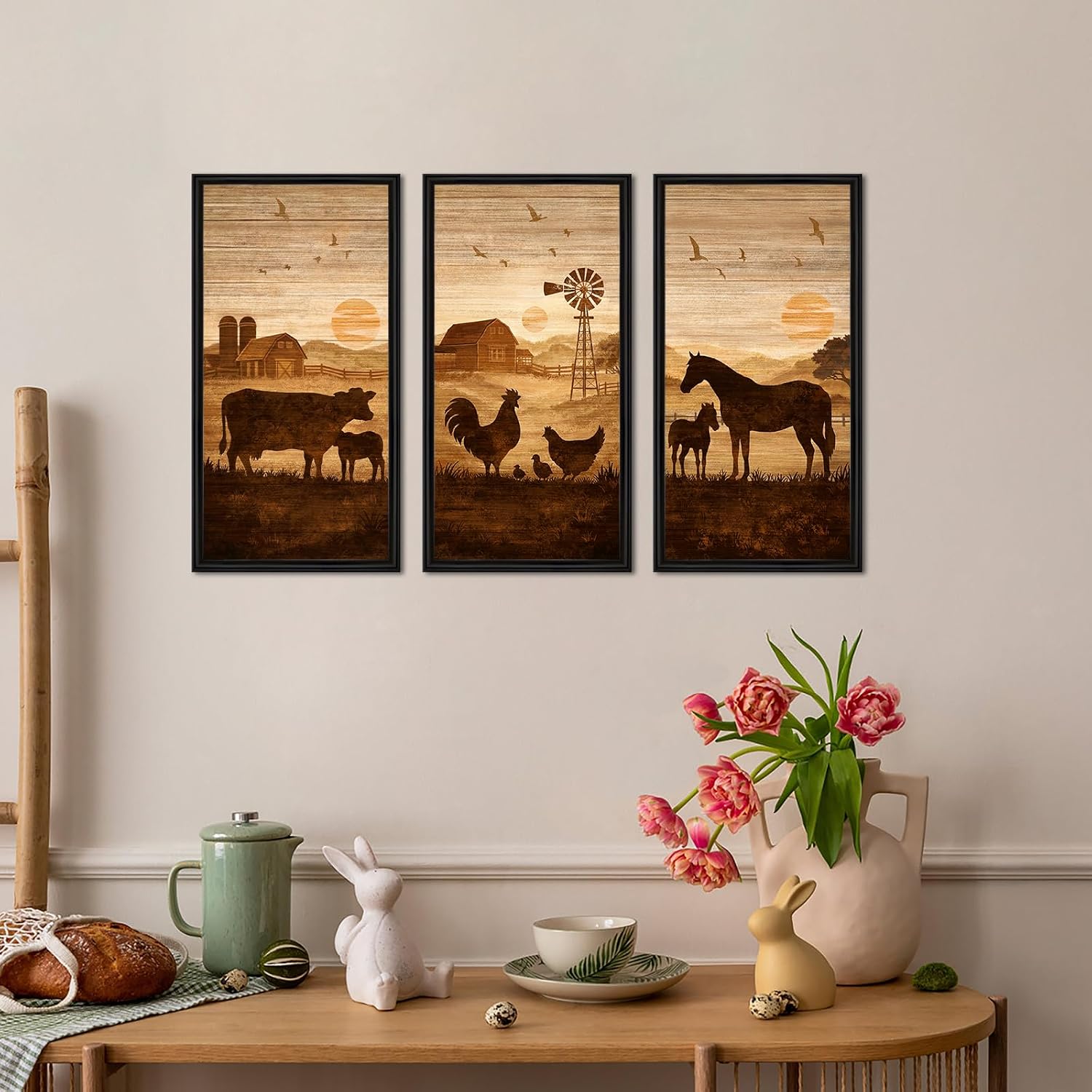 NutArtPic Rustic Farm Animal Wall Art Set, 3 Piece Animal Silhouette with Barn Windmill Pictures Prints Cow Chicken Horse Silhouette Wall Decor for Living Room, Bedroom, Kitchen 8''x16''x3 (brown)
