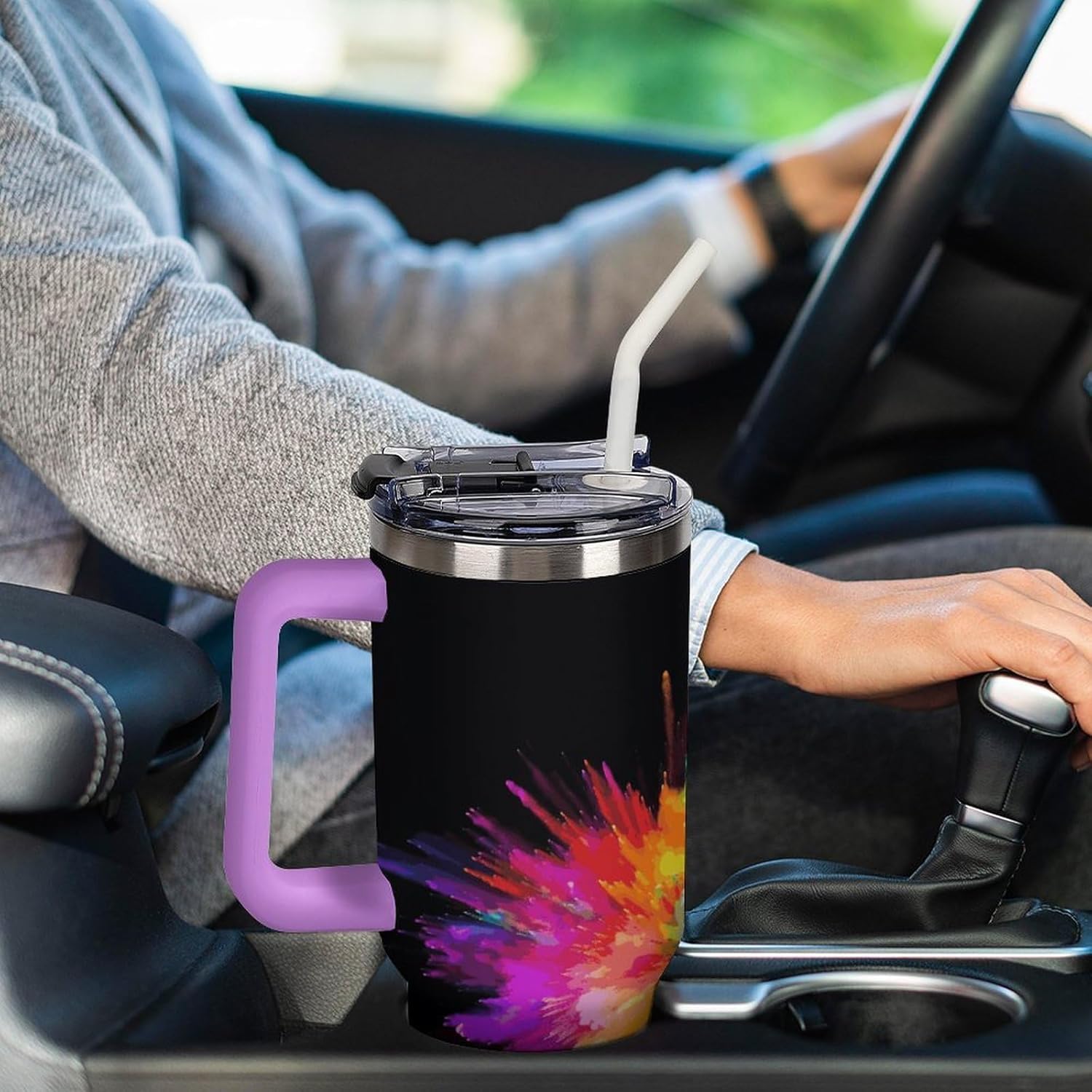 40 Oz Insulated Mug with Handle, Stainless Steel Color Explosion Printed Travel Mug Portable Leak-proof Large Car Mug for Home, Office Or Car
