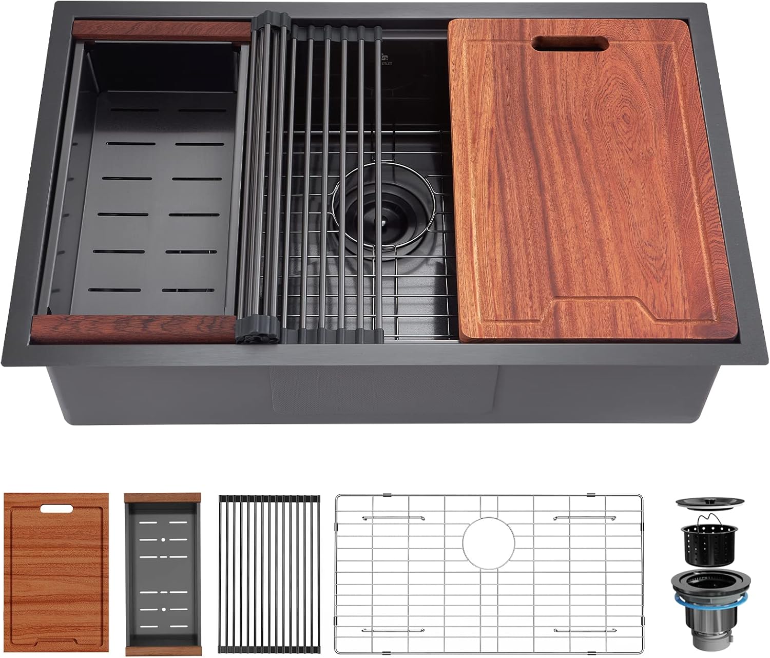 30-inch Undermount Workstation Kitchen Sink, GABETLET 16 Gauge Stainless Steel Kitchen Sink with Nano Coating & Brushed Finish, Matte Black Single Bowl Deep Kitchen Sink with Ledge and Accessories