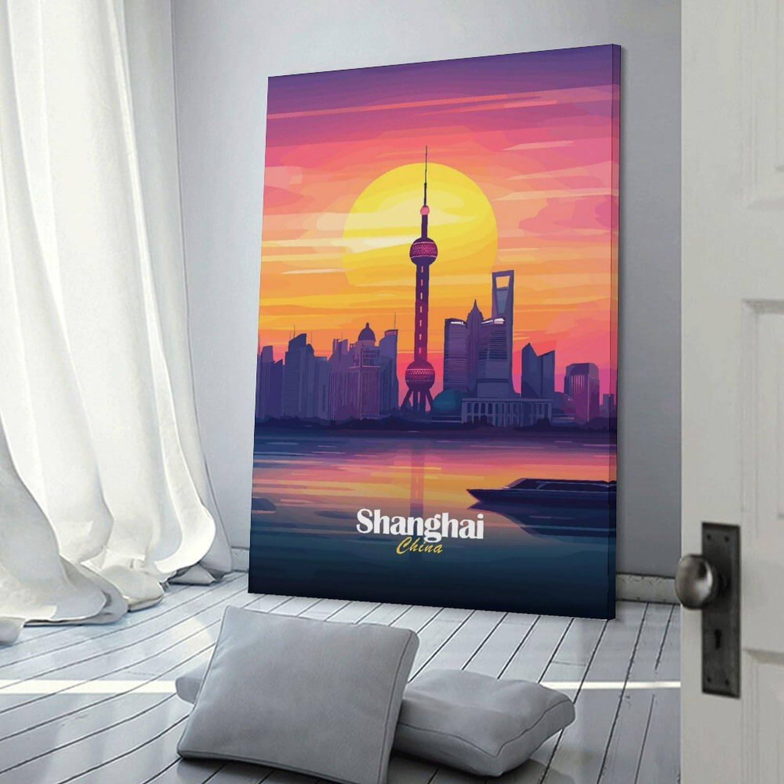 Junmoney Frame-Style-14 Shanghai Skyline Sunset Canvas Wall Picture, 20X30inch(50X75cm), For Study, Office Or Focused Interiors, Home Office Artwork With Decorative Appeal