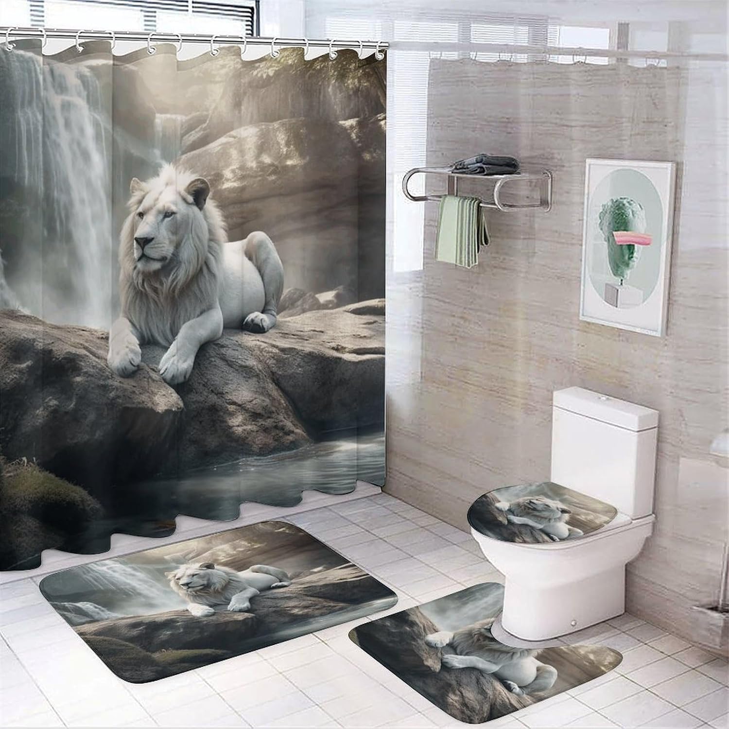 Lion on Rock Bath Rug Set 4 Piece,Bathroom Accessories Set-Toilet Rugs U Shaped,Toilet Lid Cover,Shower Curtain and Rugs,Ultra Soft, Absorbent,Home Decor