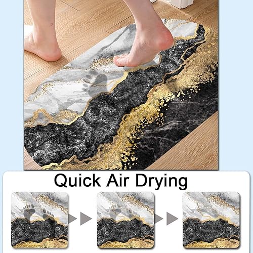 Miniatura 5 de Alfombra de baño súper absorbente de secado rápido con diseño de mármol negro, blanco, gris, dorado, parte inferior antideslizante de goma, fácil de
