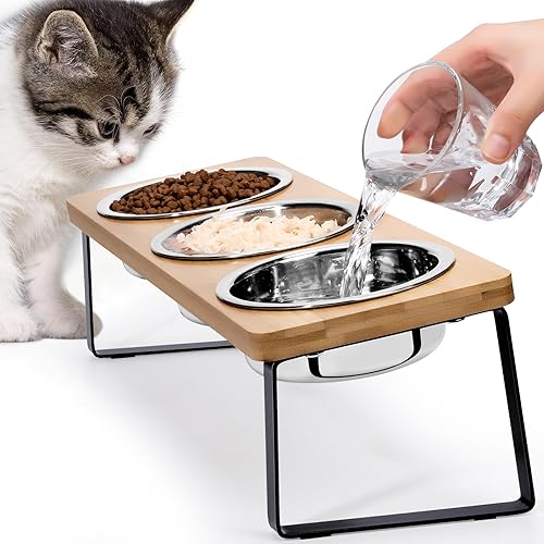 Tazones elevados para alimentos y agua para gatos  Comedero elevado de acero inoxidable con 3 cuencos inclinados de 15, con soporte de bambú y disponible en Yaxa Costa Rica