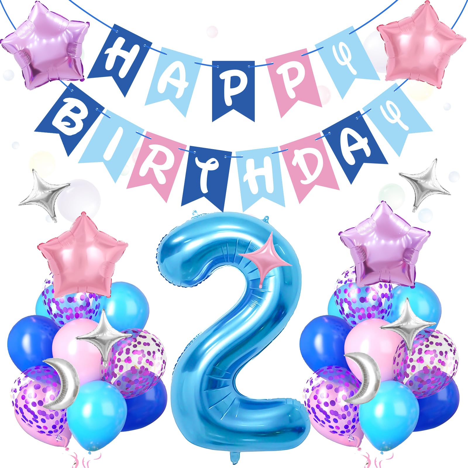 Happy Birthday Banner 40 Inch 2 Balloon Number Pastel Pink and Blue Balloons Star Moon Balloons for Boys or Girls Birthday Party Decorations Summer