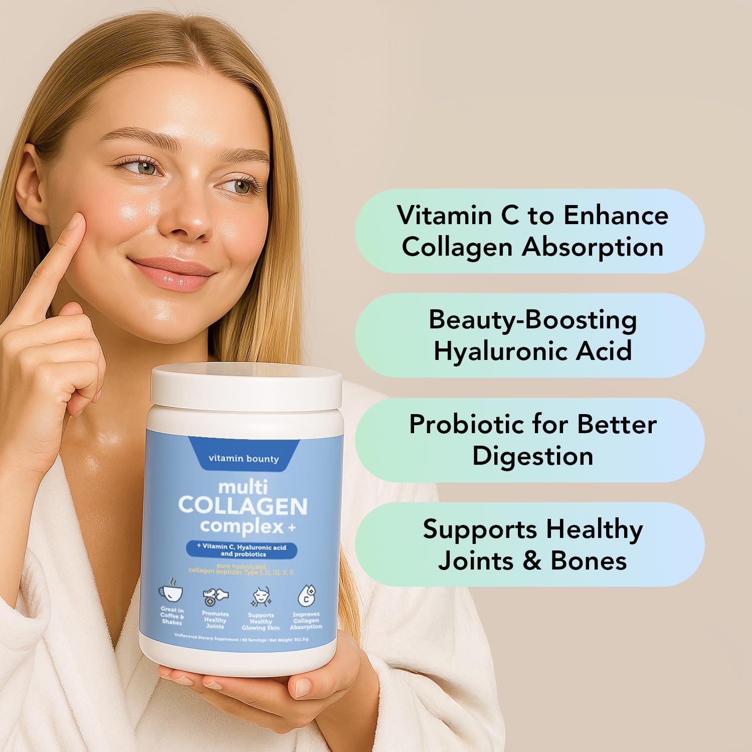 Vitamin Bounty Multi Collagen Peptides Powder for Men & Women (Complex Plus) - 5 Types Hydrolyzed Collagen Protein - Probiotics, Vitamin C & Hyaluronic Acid - Grass Fed Bovine Supplements, 50 Servings — Amazon image 2