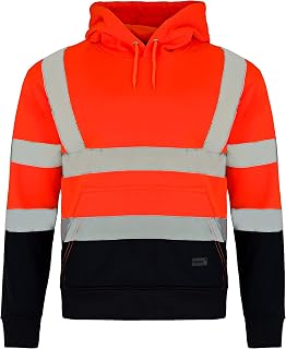 Edozos Men Hi Vis Viz Safety Security Pullover Hooded Hoodie | High Visibility Workwear Plain & Two Tone Reflective Sweatshirt Jumper