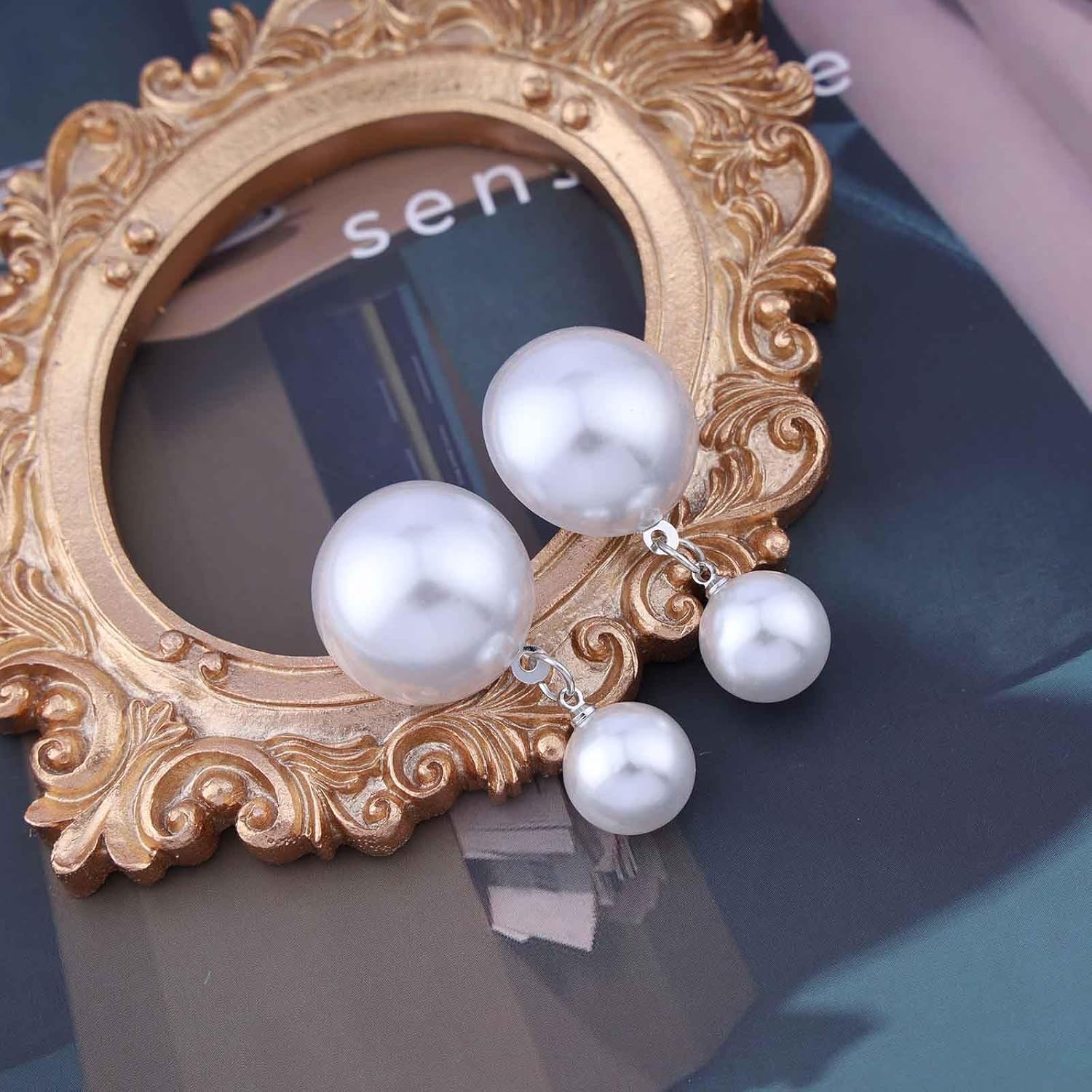Vintage Double Pearl Stud Earrings Large Pearl Drop Earrings White Pearl Bridal Earrings Round Pearl Dangle Earrings Jewelry for Women - Image 5