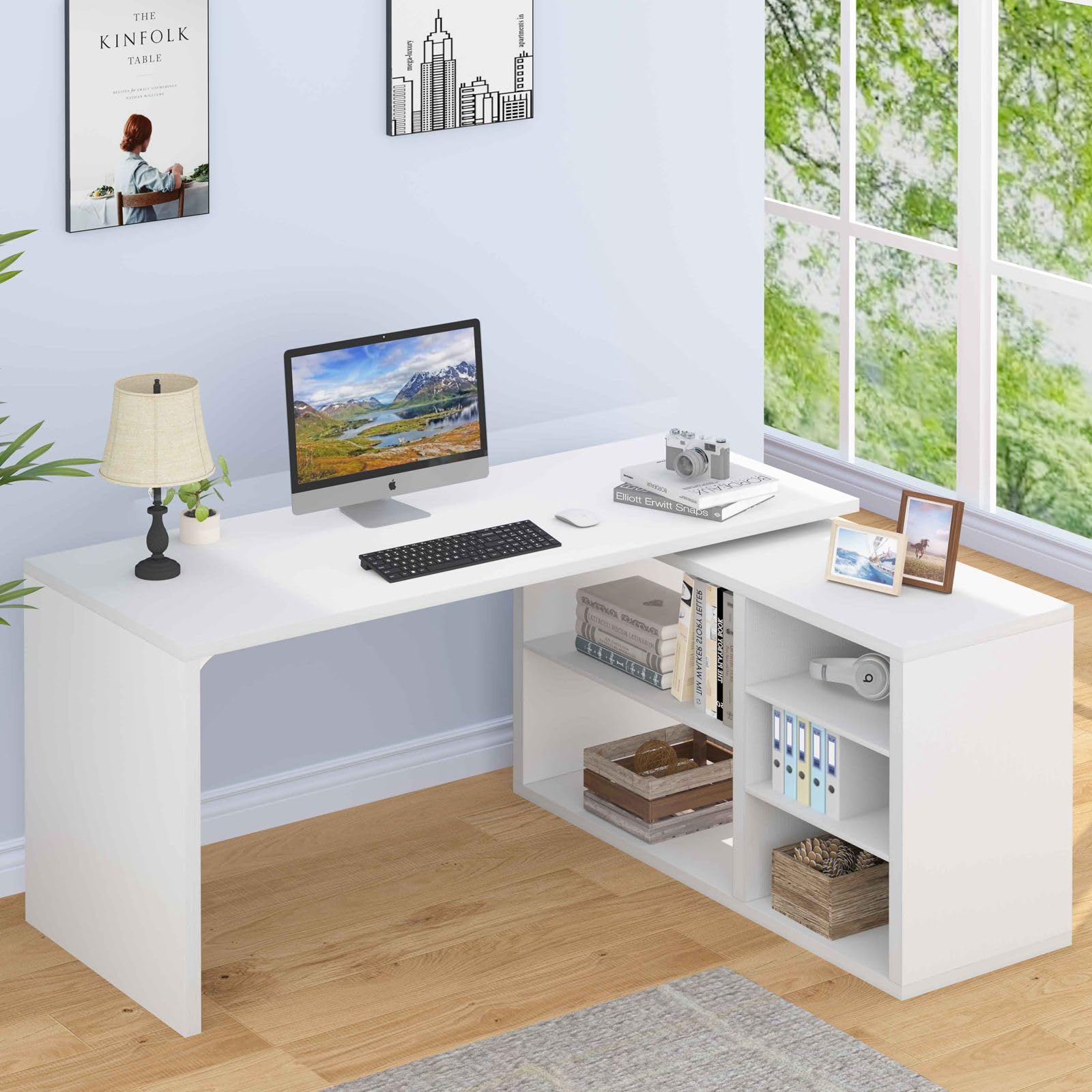 HSH Schreibtisch L Form Eckschreibtisch mit Stauraum Modern Schreibtische Weiß Computertisch Bürotisch mit Schränken PC Tisch für Büro Homeoffice Wohnzimmer Weiß 140 cm