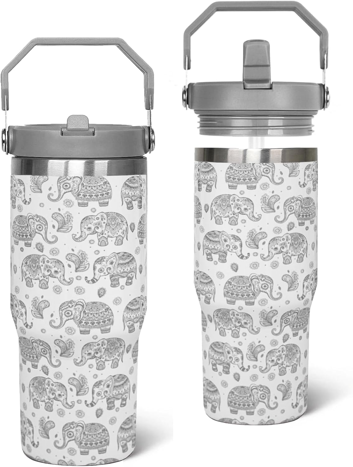 Elephant Tumbler with Handle and Flip Straw Gray Elephant Cup Insulated Leak Proof Coffee Travel Mug Water Bottle Elephants Gifts for Women Christmas Mothers Day Birthday-30 oz(1PCS)