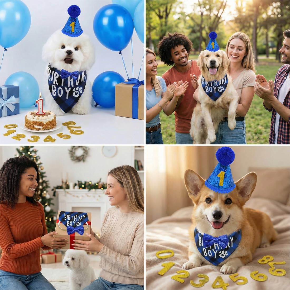 Set di cappello e bandana per compleanno cane, 3 pezzi, con 9 numeri glitter, decorazioni per festa cane, bandana compleanno cane, cappellino compleanno cane (Blu)