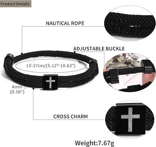 Miniatura 4 de TempBeau Pulsera Trenzada de Cuerda con Cruz para Hombre - Pulsera de Cuerda Ajustable del Árbol de la Vida para Surf, Pulsera de Cuerda Náutica