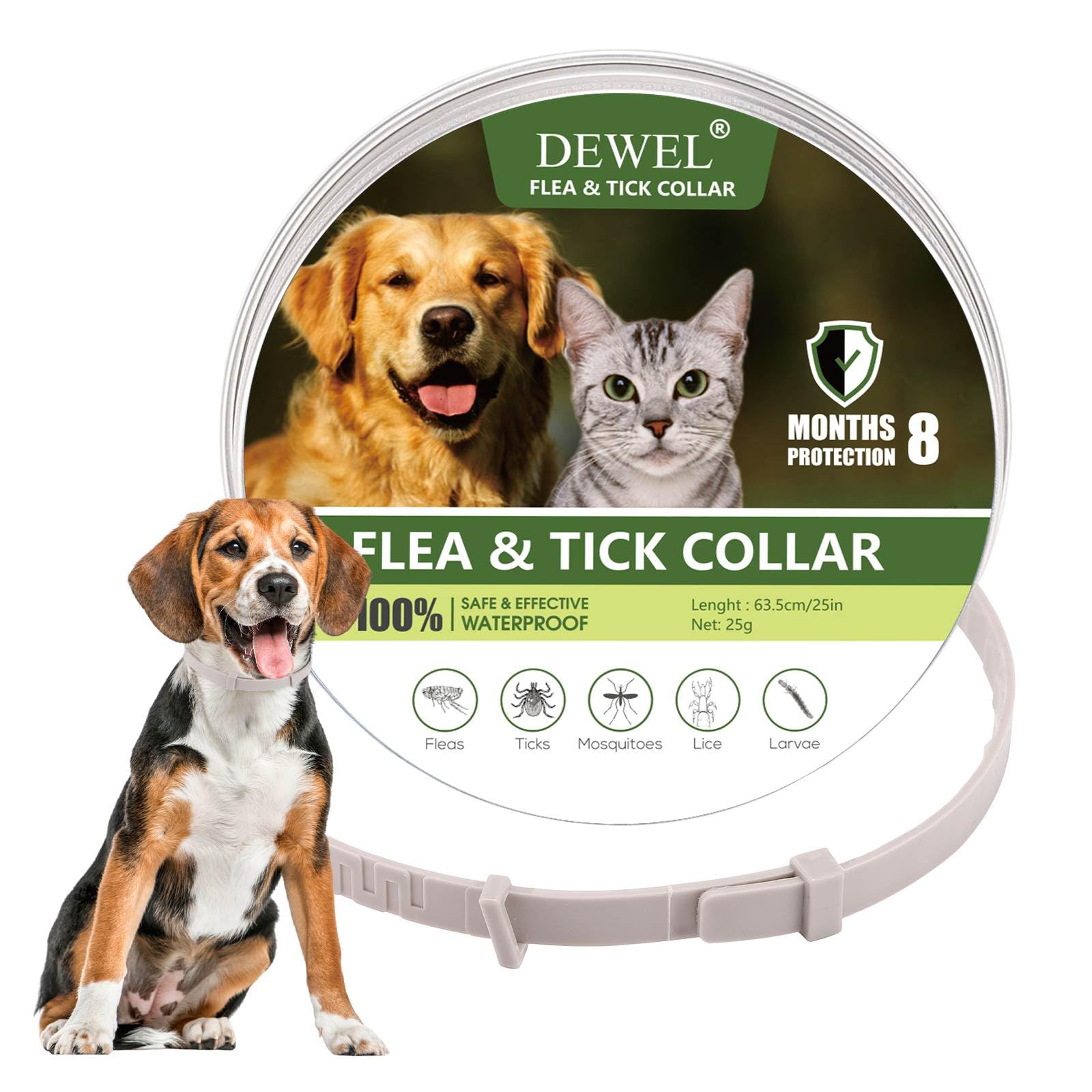 DEWEL Collar Antiparasitarios para Perros Grandes Medianos y Pequeño, Collar contra Pulgas y Garrapatas para Mascotas 6-8 Meses, Collar Antipulgas Impermeable y Cortable de 61 cm (Gris)