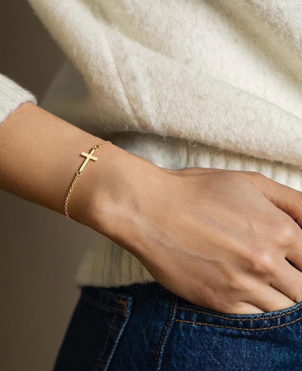 Emibele Gold Cross Bracelet for Women, Trendy Cubic Zirconia Gold Cross Bracelet 14K Gold Plated Bracelets, Adjustable Simple Link Chain for Women Faith Gold Jewelry Religious Christian Baptism Gifts image 5