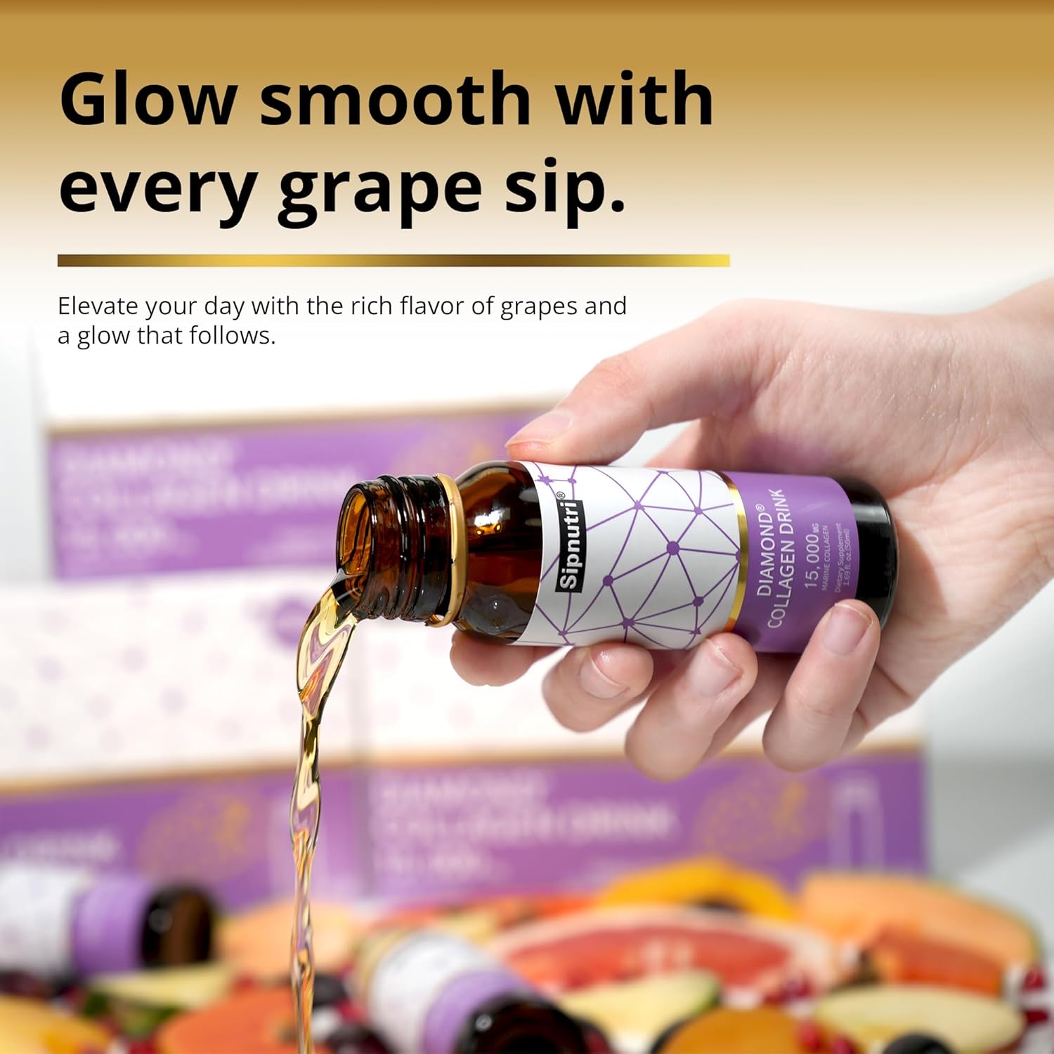 Diamond Collagen Drink -15,000mg Marine Collagen Peptides Liquid Shots for Women & Men, Hydrolyzed with Vitamin C & Pomegranate, Grape Flavor, Supports Skin, Hair & Nail Health-1.69 fl oz x30 - Image 2