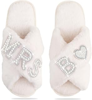 Bride Slippers for Wedding Day, Bride To Be Bridal Shower Gift for Women Bridesmaids, Personalized Initial MRS Pearl Letter Open Toe Fuzzy Flip Flops, Getting Ready Outfit, Bachelorette Party