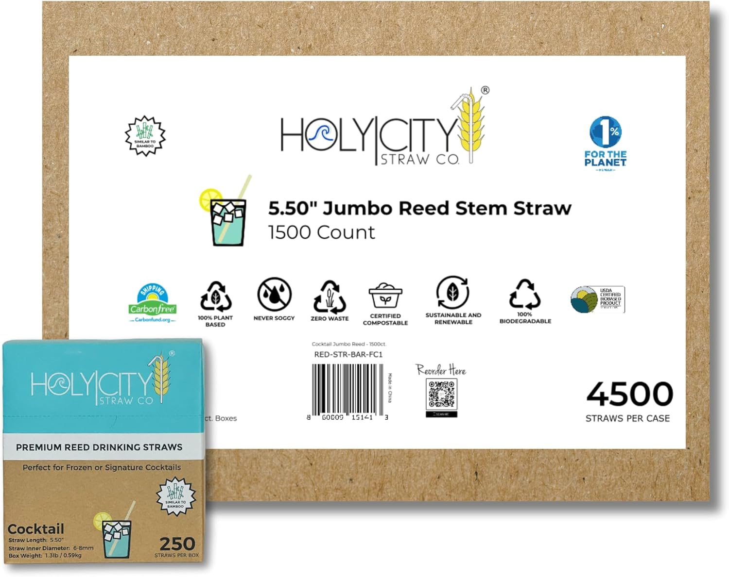Reed Stem Straws | Cocktail | 4500ct. | 7-9mm diameter | Similar to Bamboo |100% Plant-based, Certified Compostable | Great for Smoothies, Milkshakes, Frozen & Signature Cocktails