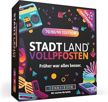 DENKRIESEN - Stadt Land Vollpfosten  - The Card Game - 70/80/90 Edition - 'Fr her war Alles Besser.' | Gift | Travel Game | 200 Categories | from 8 Years | 3-6 Players | Party | City Country River