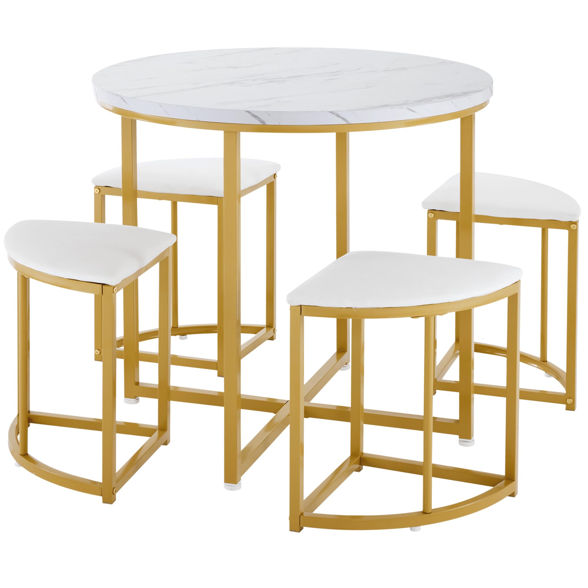 Lexiou Set tavolo da pranzo con quattro sedie, set da pranzo con piano in MDF e telaio in ferro dorato, sedia in velluto, moderni tavoli e sedie di lusso (bianco)