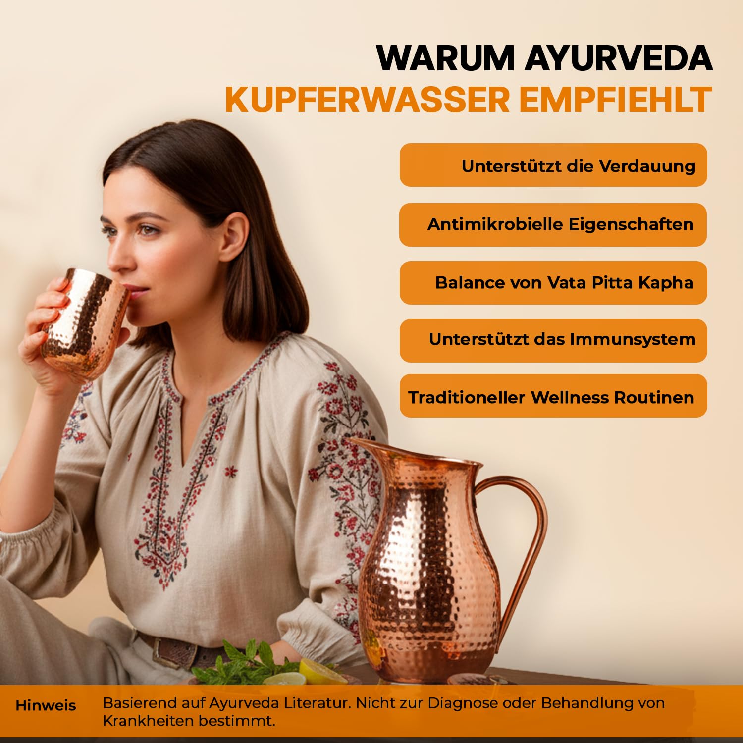 Royal Pichet en cuivre pur 1800 ml | 99,99 % cuivre de qualité alimentaire testé en laboratoire | Sans BPA et anti-fuite | Inspiré de l'Ayurveda pour l'immunité, la digestion, la maison et le bureau