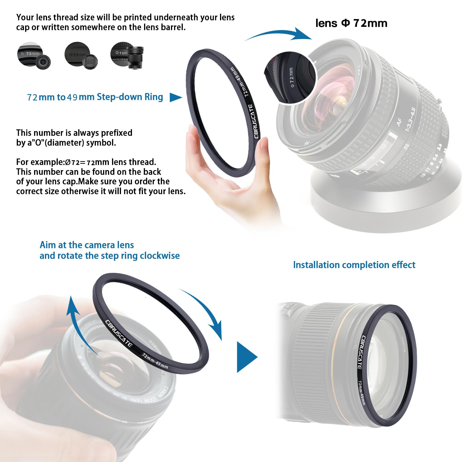 72mm to 49mm Step Down Ring Filter,Camera Lens Adapter,Change The Filter or Lens Size from 72mm to 49mm.Compatible All 49mm Thread Filter Accessory - Image 4
