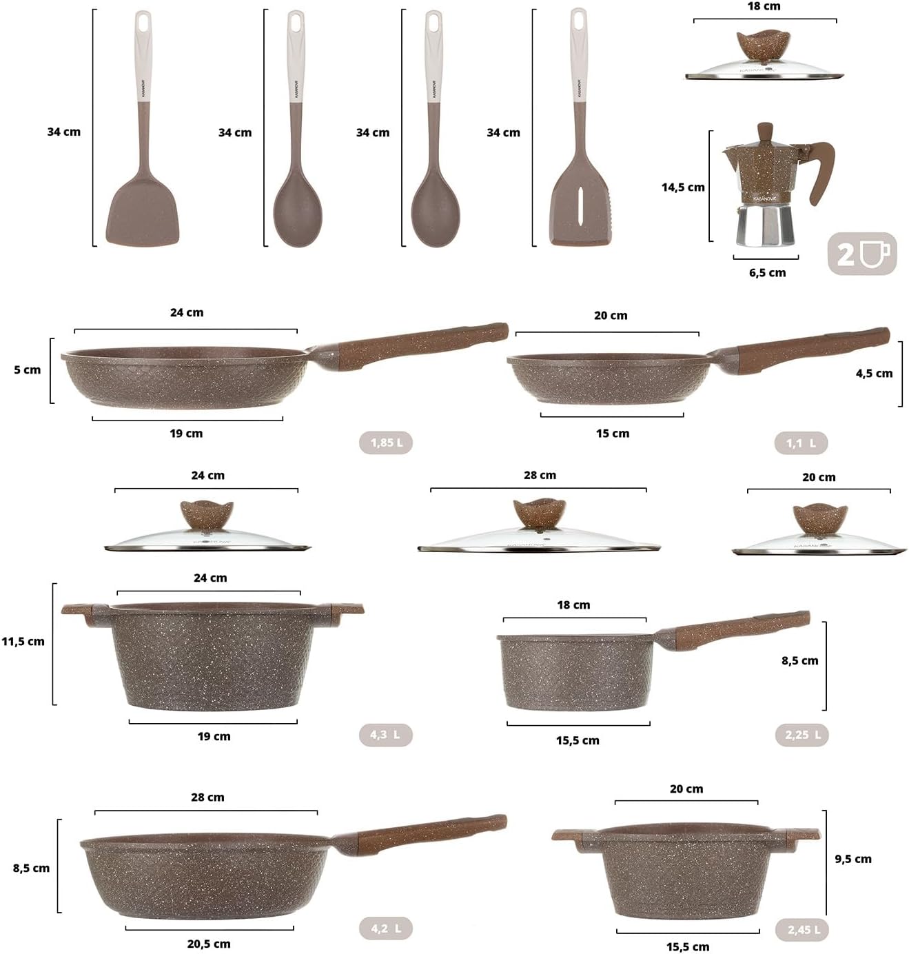 15Pcs Pots and Pans set for cooking nonstick, Aluminum cookware set with glass lids, Coffee maker and nylon kitchen tools, Induction safe, PFOA-free (15)