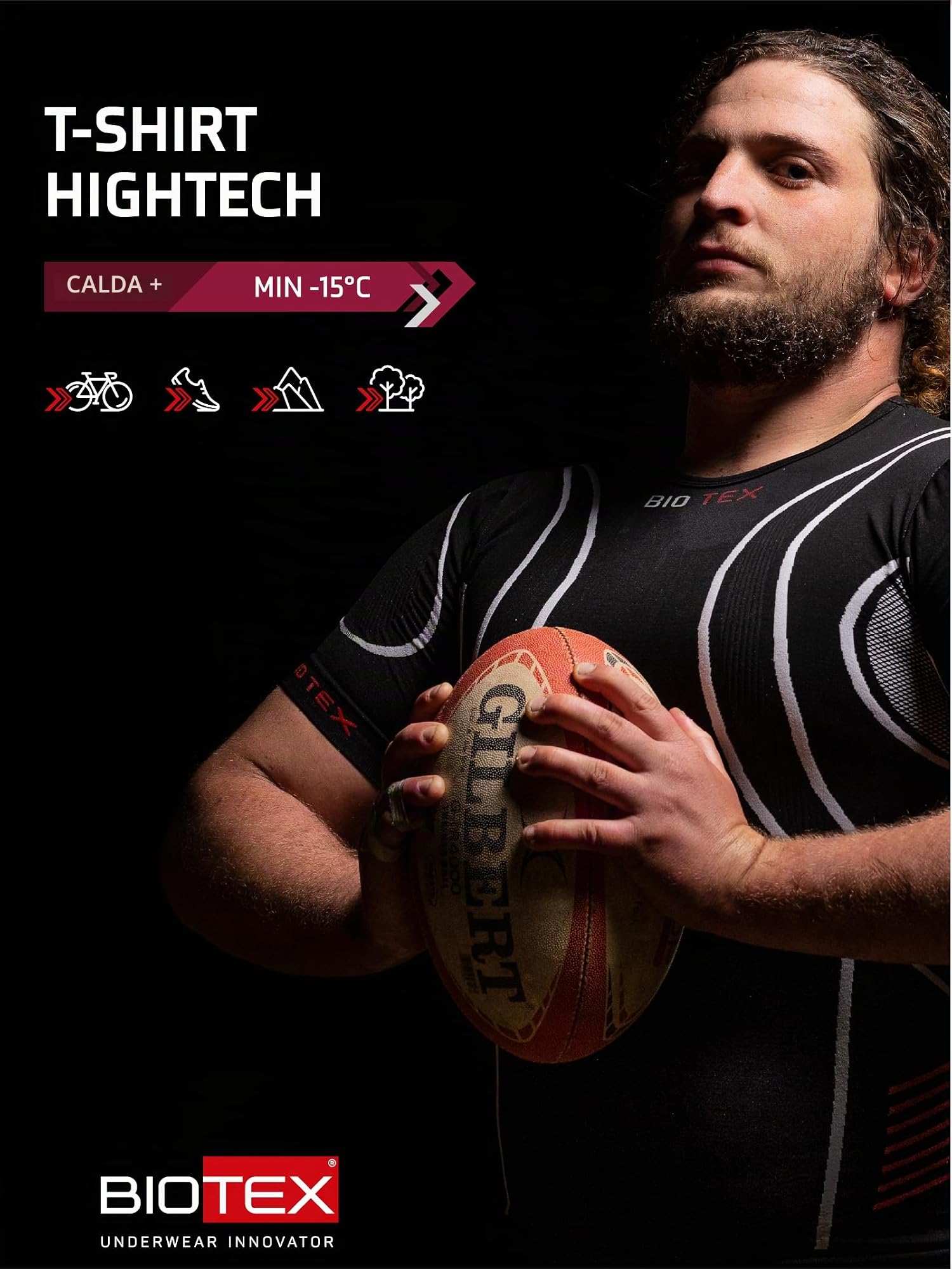 BIOTEX T-Shirt Hightech per Ciclismo e Running, Intimo Tecnico Sportivo, Maglia Termica con 4 Zone di Compressione, Nero