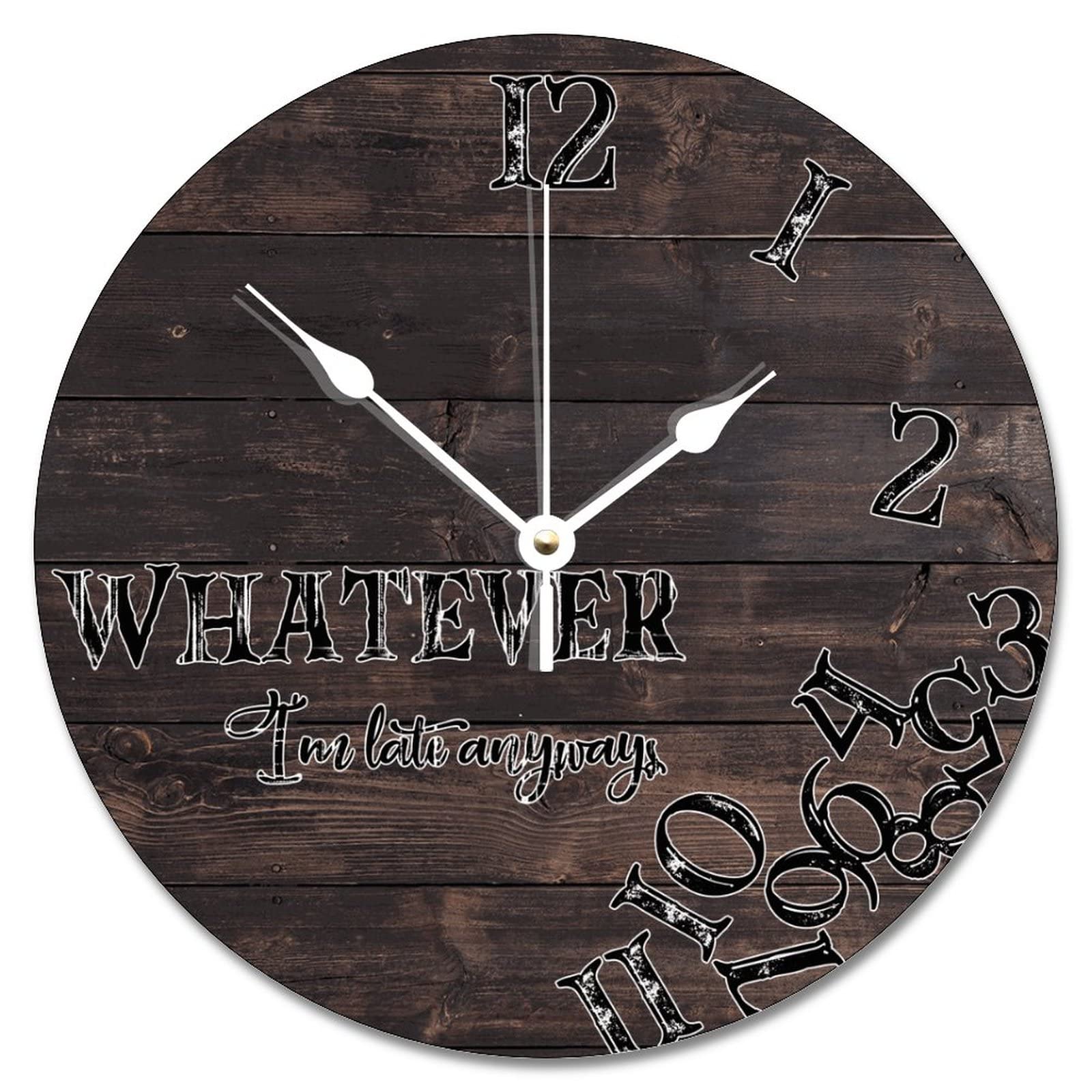 Guangpat Whatever I'm Late Anyways Wall Clock Dark Brown Wood Floor Wall Clocks Battery Operated 10 Inch Quiet Farmhouse Hanging Clock Rustic Wall Decor for Home Kitchen Office School Bathroom