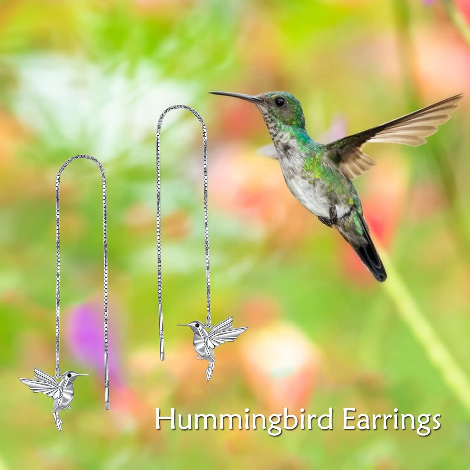 Hummingbird Pull Through Threader Earrings 925 Sterling Silver Long Piercing Tassel Drop Dangle Ear Line Eardrop Earrings Origami Jewelry Birthday Gifts for Women