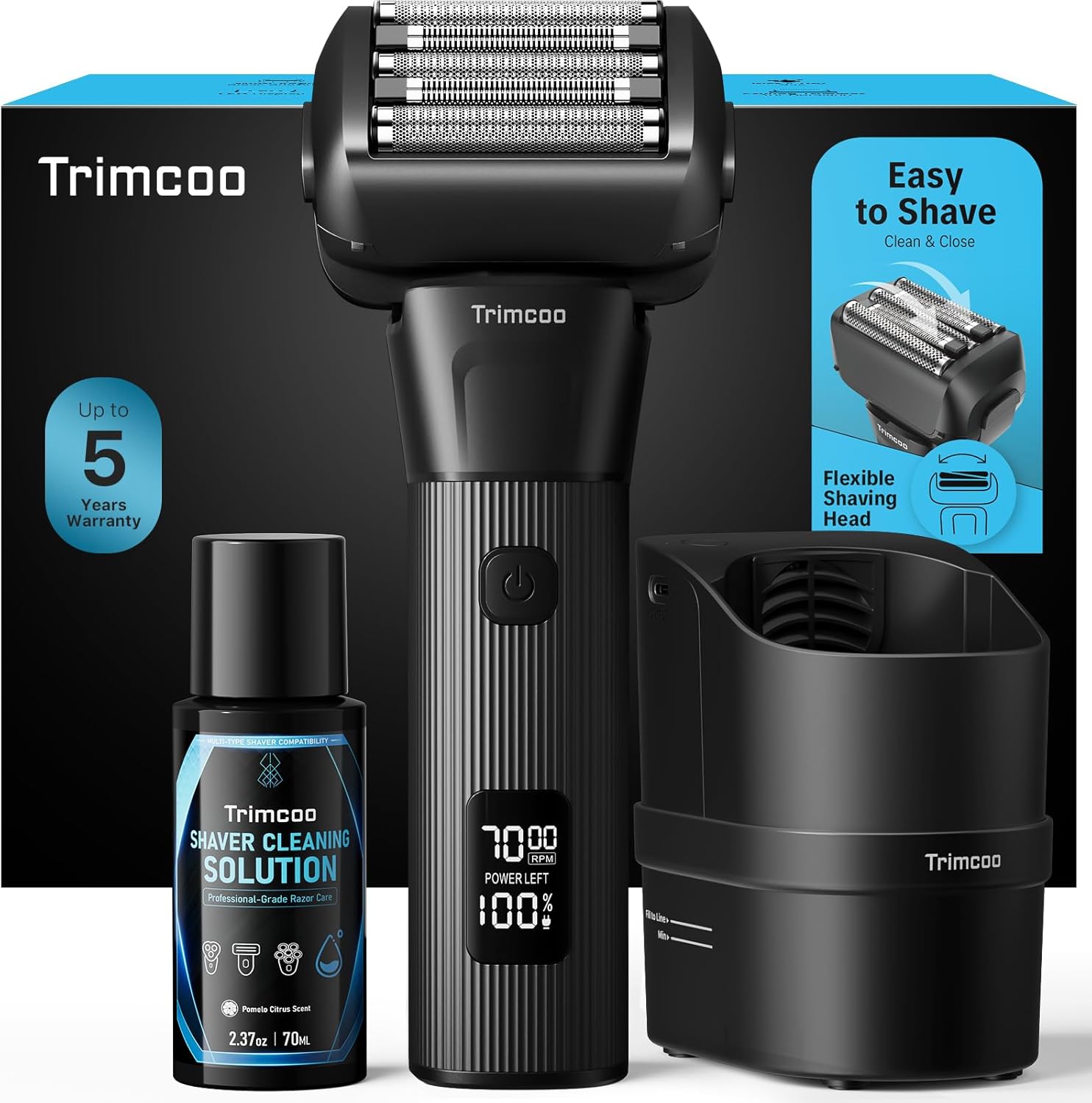 Electric Shaver for Men - Trimcoo 5-Blade Foil Razor Kit | Gentle on Sensitive Skin | Self-Cleaning Center, USB-C Charging, 180min Runtime, IPX7 Wet/Dry Use with Pop-Up Trimmer, Ideal Grooming Gift
