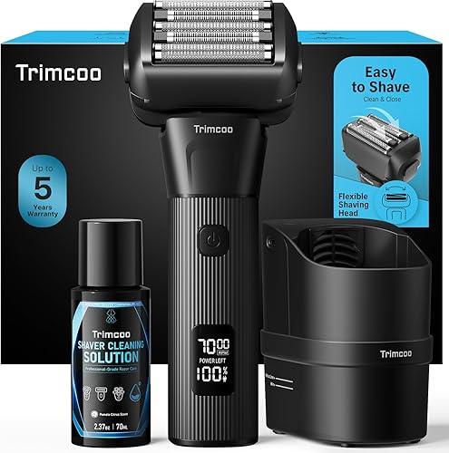 Electric Shaver for Men - Trimcoo 5-Blade Foil Razor Kit | Gentle on Sensitive Skin | Self-Cleaning Center, USB-C Charging, 180min Runtime, IPX7 Wet/Dry Use with Pop-Up Trimmer, Ideal Grooming Gift