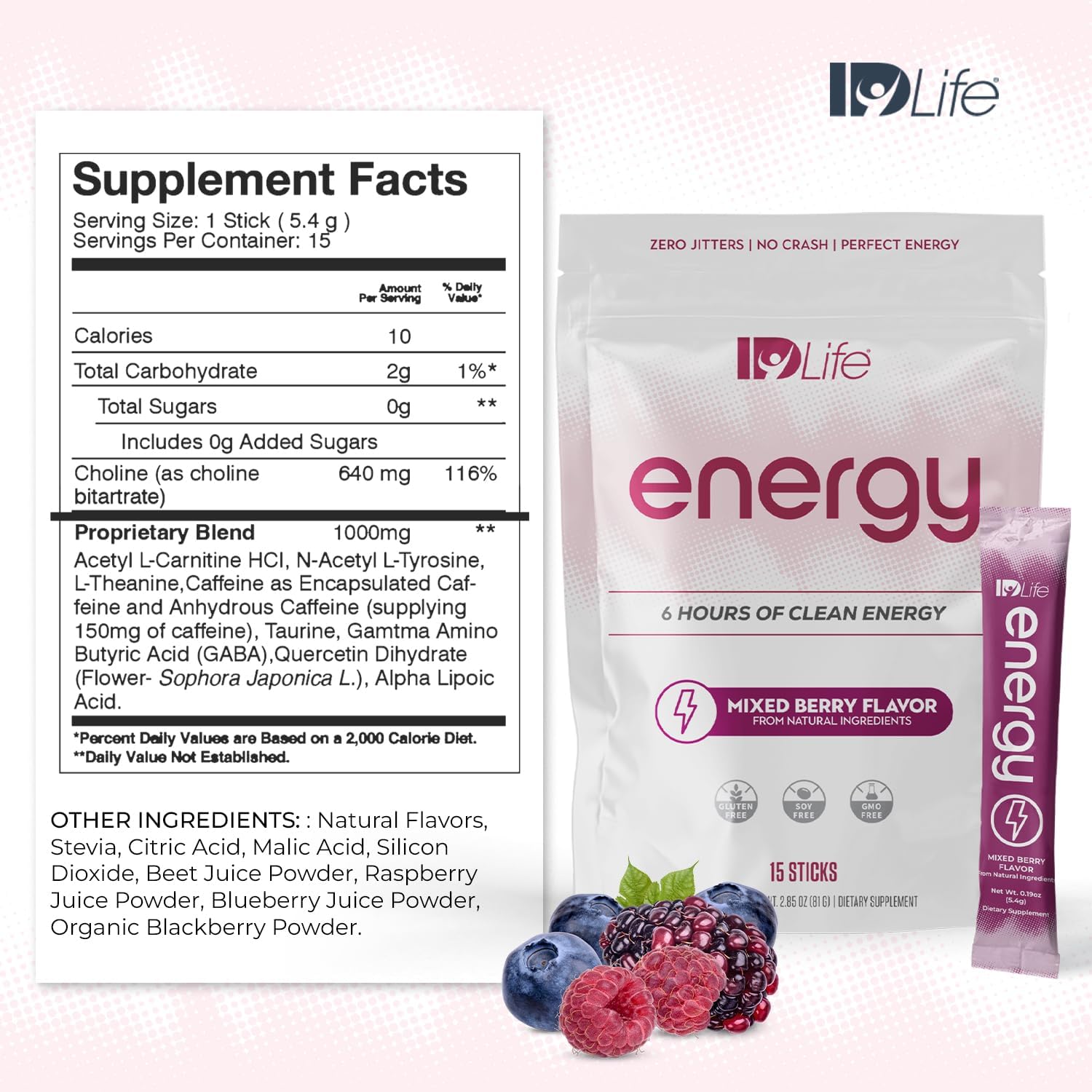 IDLife Energy - Mixed Berry - Sustained Power Boost with Powder, Healthy Drink for Work, Gym & Daily Use, 6 Hours of Boost - 15 Sticks per Bag