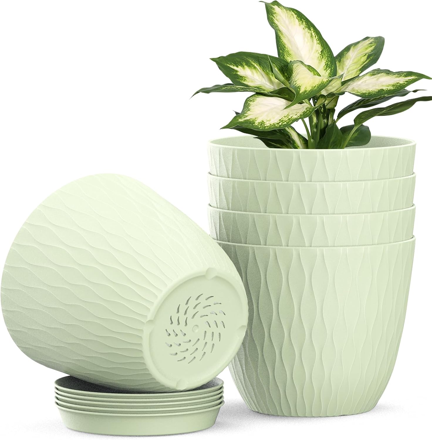 5 Packs Flower Pot with Watering System, 15.3 cm Plant Pot with Watering System, Planter with Saucer, Flower Pots Set, Ideal for Indoor and Balcony Gardens, Light Green