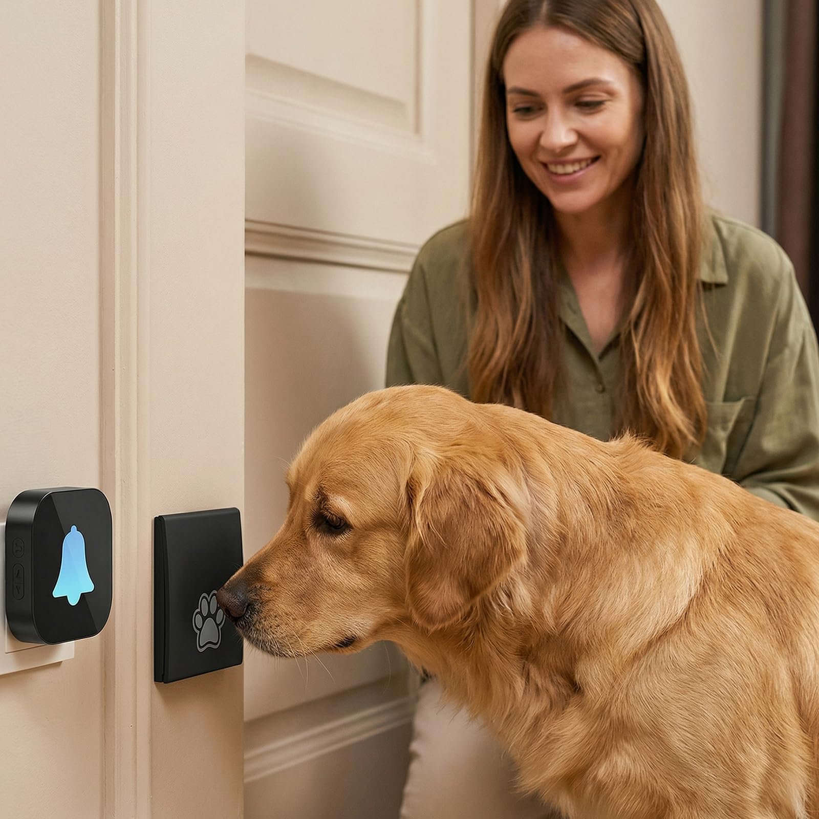 PORFOYO Dog Doorbell, bezprzewodowy dzwonek do drzwi dla psa, 38 dzwonków i 4 poziomy głośności, zakres 400 m², do użytku na zewnątrz, do drzwi wejściowych, domu (czarny, 1 odbiornik, 1 nadajnik)