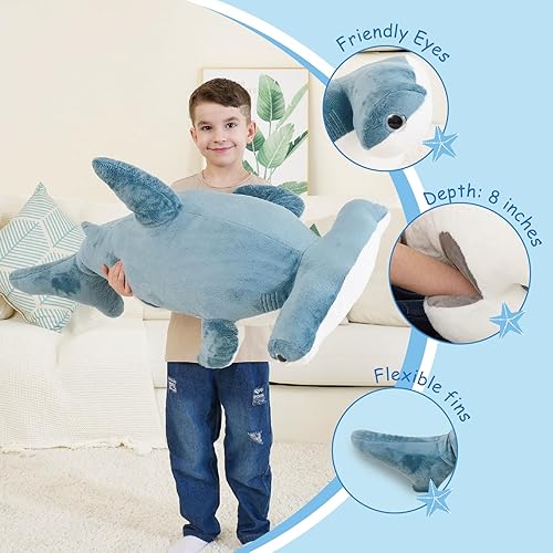 Miniatura 6 de Tiburón Hammerhead de 37 pulgadas, animal de peluche suave gigante de tiburón de peluche realista, animal del océano azul, regalo para niños y