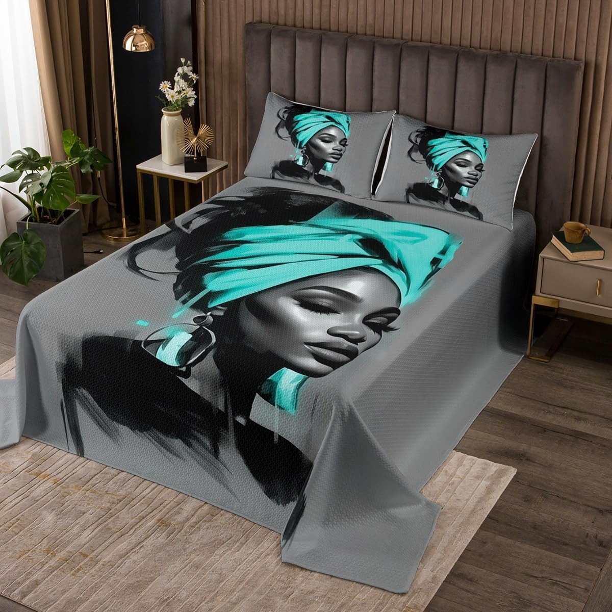 jejeloiu Black Women Bedspread King Size African American Woman Coverlet Set Teens Teal Abstract Quilted Coverlet Breathable Soft Lightweight Modern Room Decor