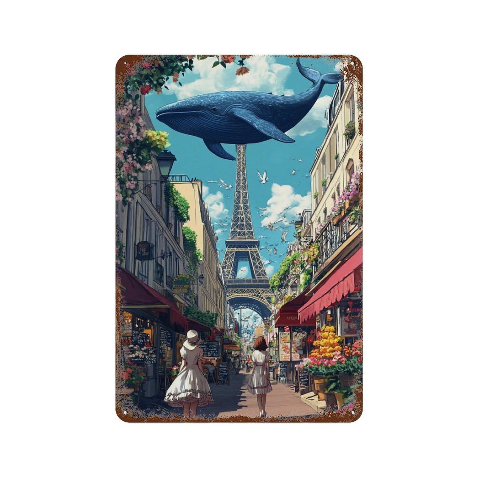 Rustic Tin Plaque with Whale in Paris Street Scene-1 Design 11.8"x7.9", for Cafe, Home Bar And Lounge Decor, Novelty Wall Decor