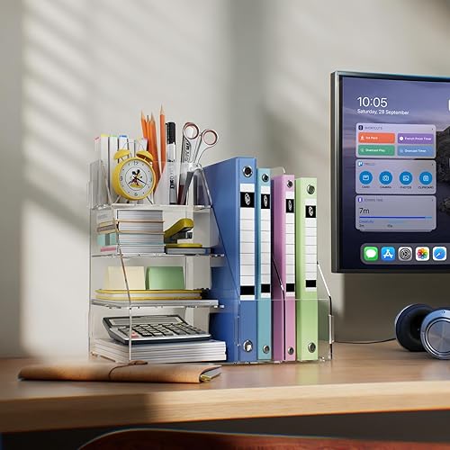 Miniatura 3 de BONIER Organizador de escritorio acrílico, bandeja de papel de 4 niveles y clasificador de correo, estante de revistero de 2 niveles, almacenamiento