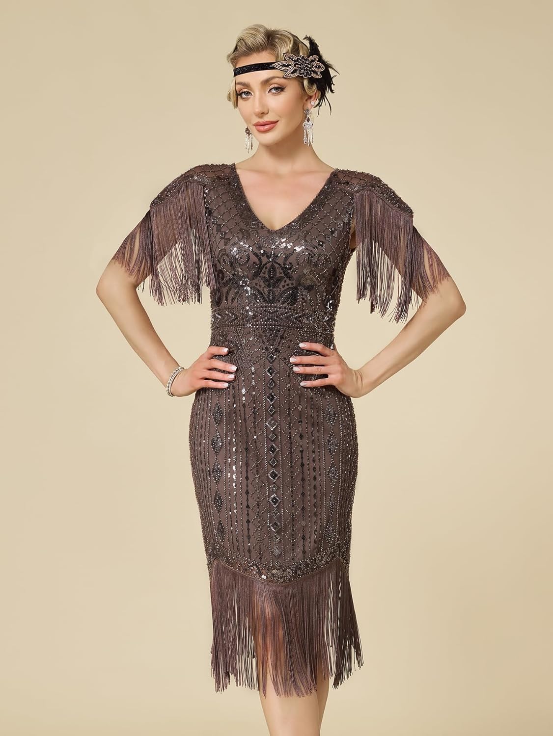 Women's Flapper Dresses 1920s V Neck Beaded Fringed Great Gatsby Dress