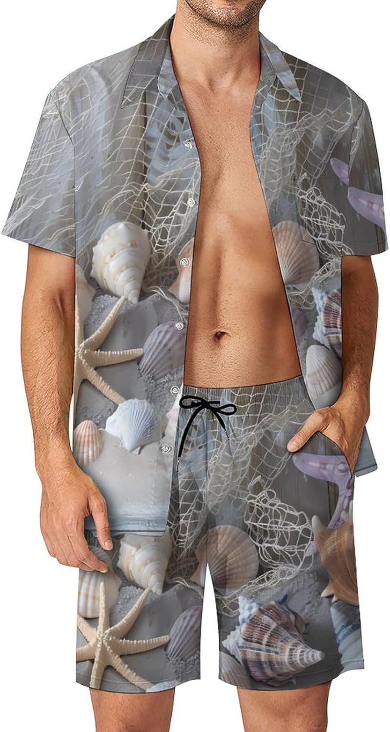 Starfish Shell on Teal Board Men's Summer Beach Outfits Shirt And Shorts Set 2 Piece Vacation Swimwear