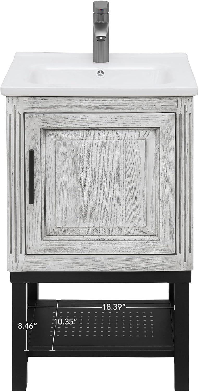 20”Wood Grain Bathroom Vanity with White Ceramic Sink and Faucet,Freestanding Bathroom Cabinet with Solid Metal Frame,Single Bathroom Vanities Cabinet with Open Metal Shelf and 1 Doors White Washed
