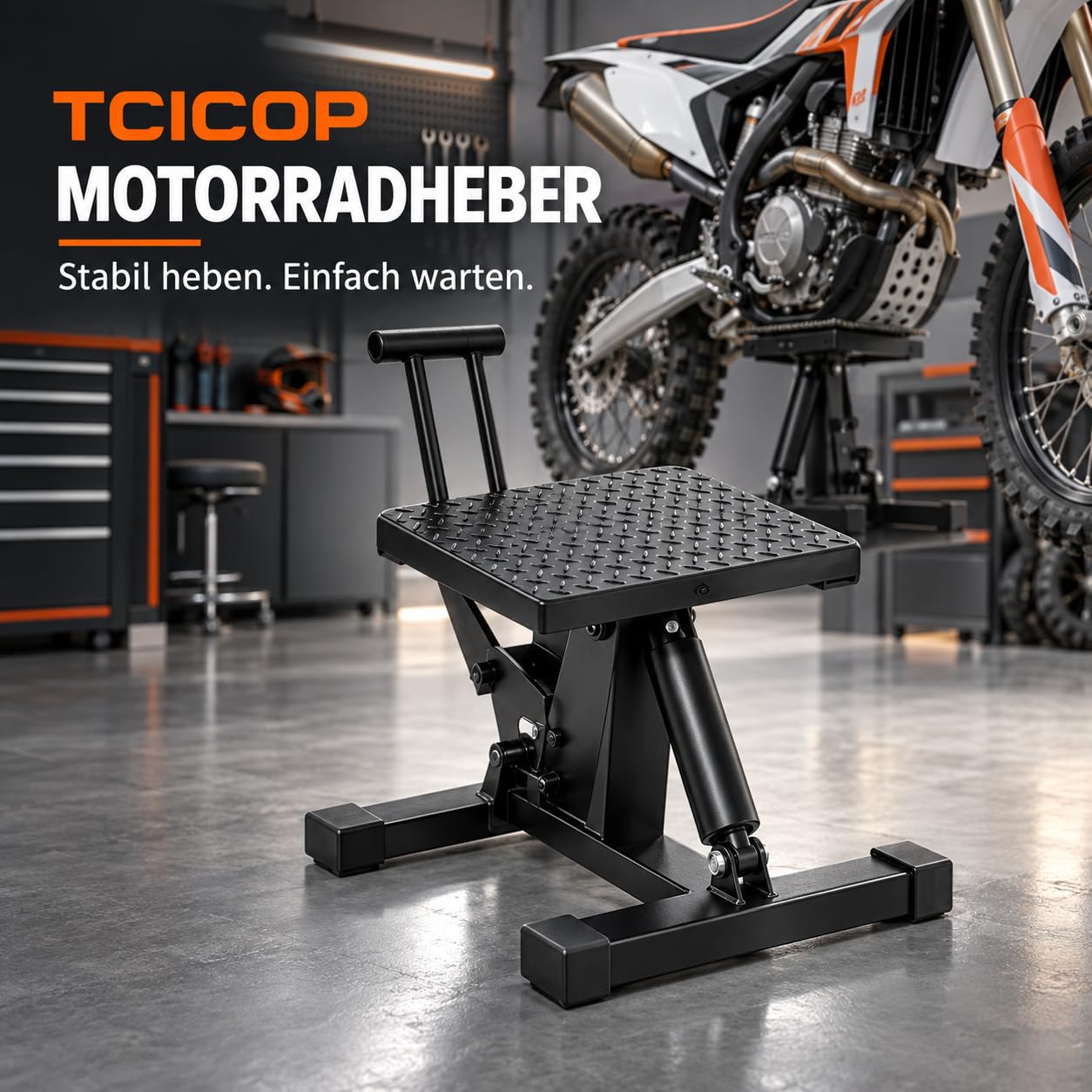 Béquille hydraulique pour moto, capacité de charge 200 kg, support de motocross, hauteur réglable de 250 à 350 mm, béquille de montage en acier, pour vélos tout-terrain, motos (noir)