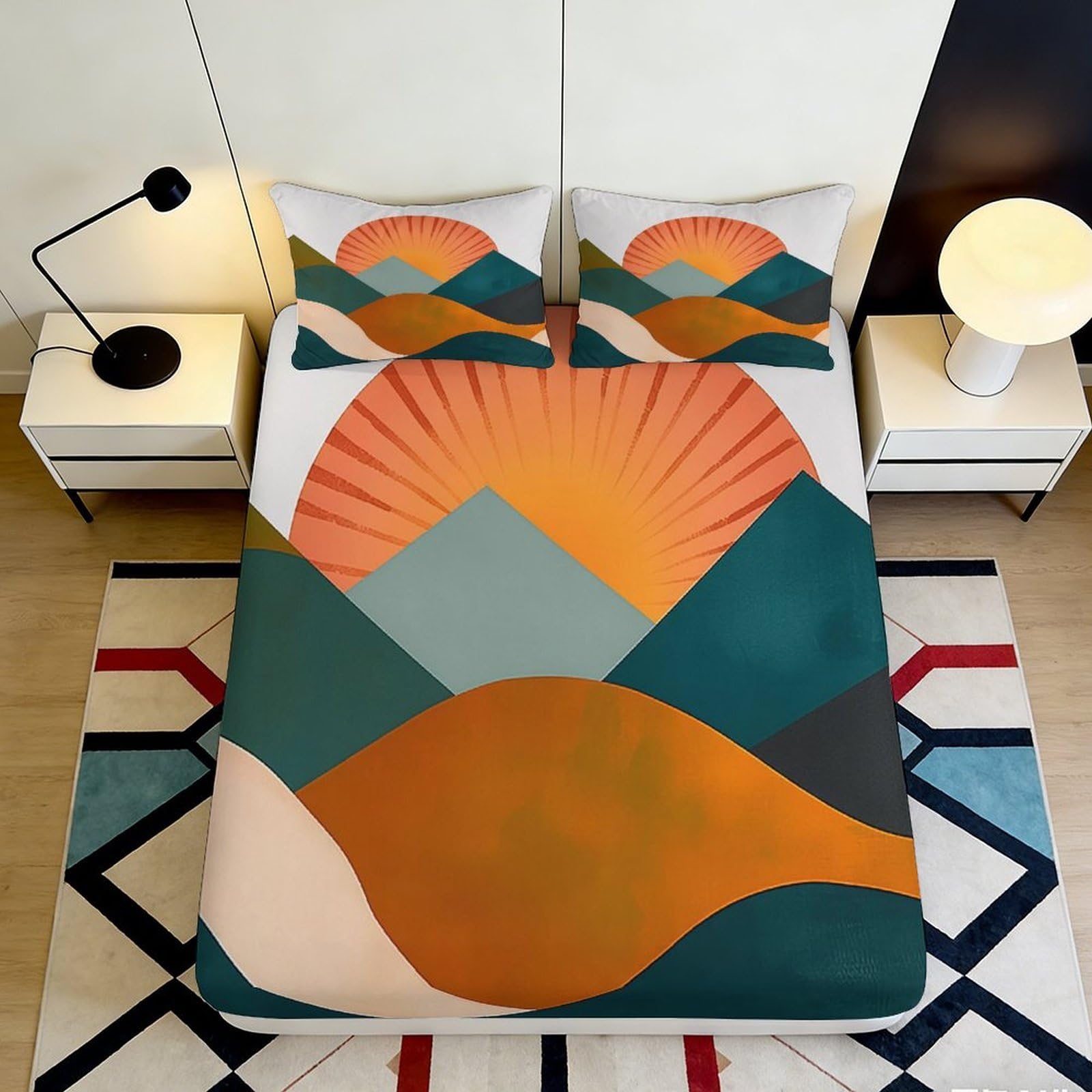 3D Printed Sunset Mountain Fitted Sheet Microfiber Soft Breathable Abstract Landscape Bed Cover for Bedroom Dormitory Guest Room Mattress Protection 160x200x25cm