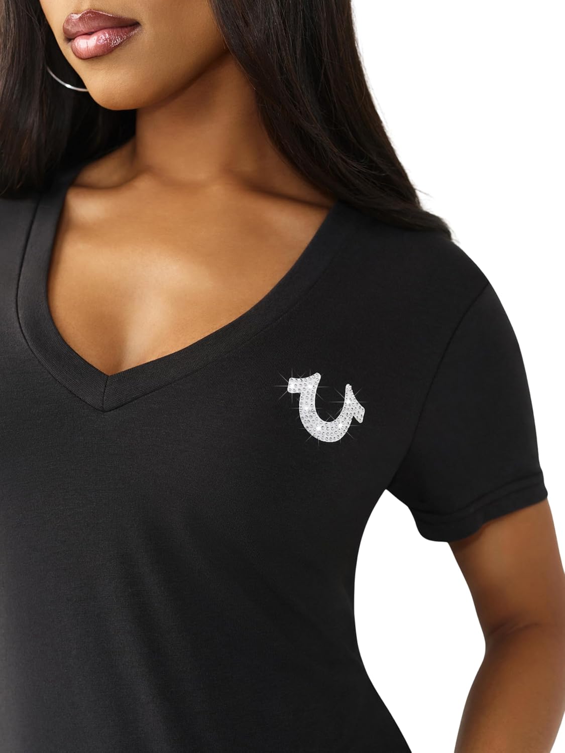 True Religion Women’s Crystal Sporty V-Neck Tee – Short Sleeve Cotton Blend T-Shirt with Rhinestone Logo Design