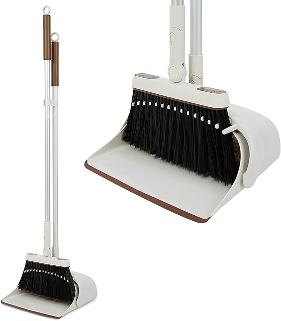 Jekayla Dustpan and Brush Set, Broom and Dust pan with Extendable Long Handle, Upright and Lightweight Household Cleaning Combo for Home Kitchen Room Office Lobby, Brown and White
