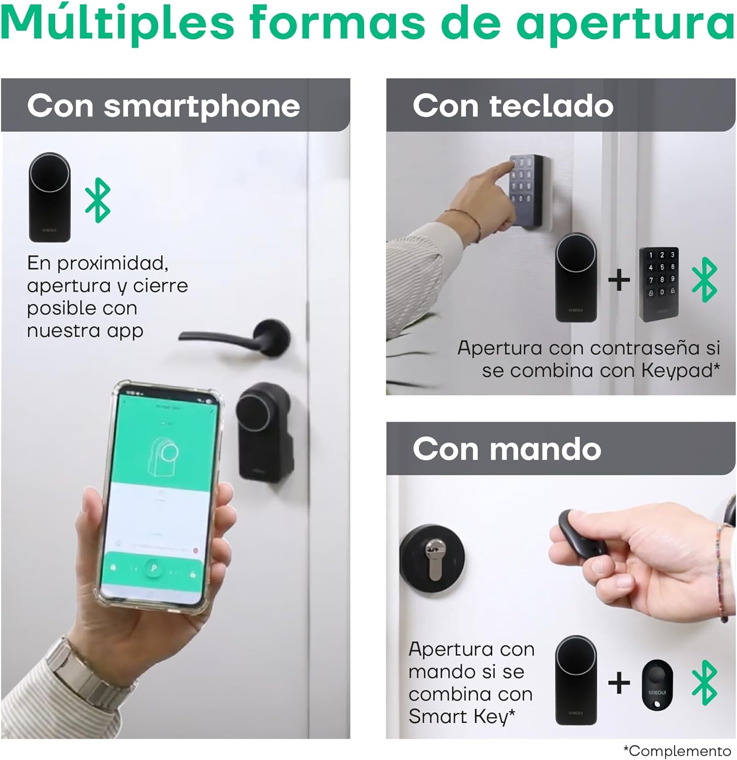 Infographic showing multiple ways to open the Arregui Spin lock: via smartphone app (Bluetooth proximity), with a numeric keypad, and with a Smart Key remote control.