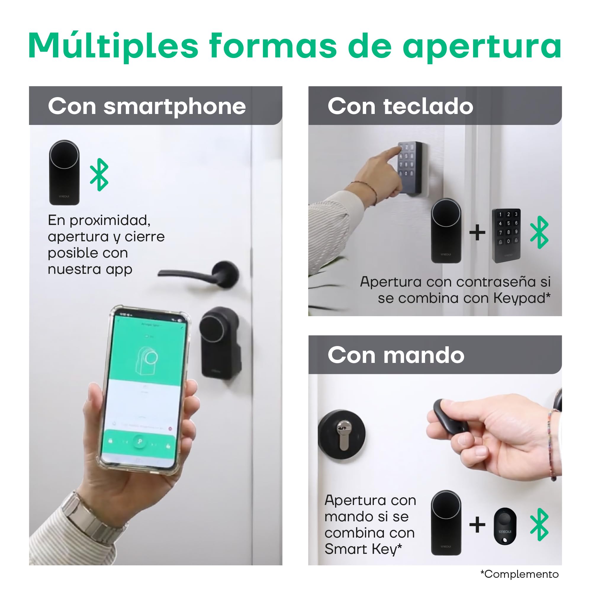 Arregui SPIN + BRIDGE – Cerradura Electrónica Inteligente con Apertura vía App, Mando y Keypad | Control desde Smartphone | Control Remoto Bridge Compatible Google y Alexa | Instalación sin Perforar