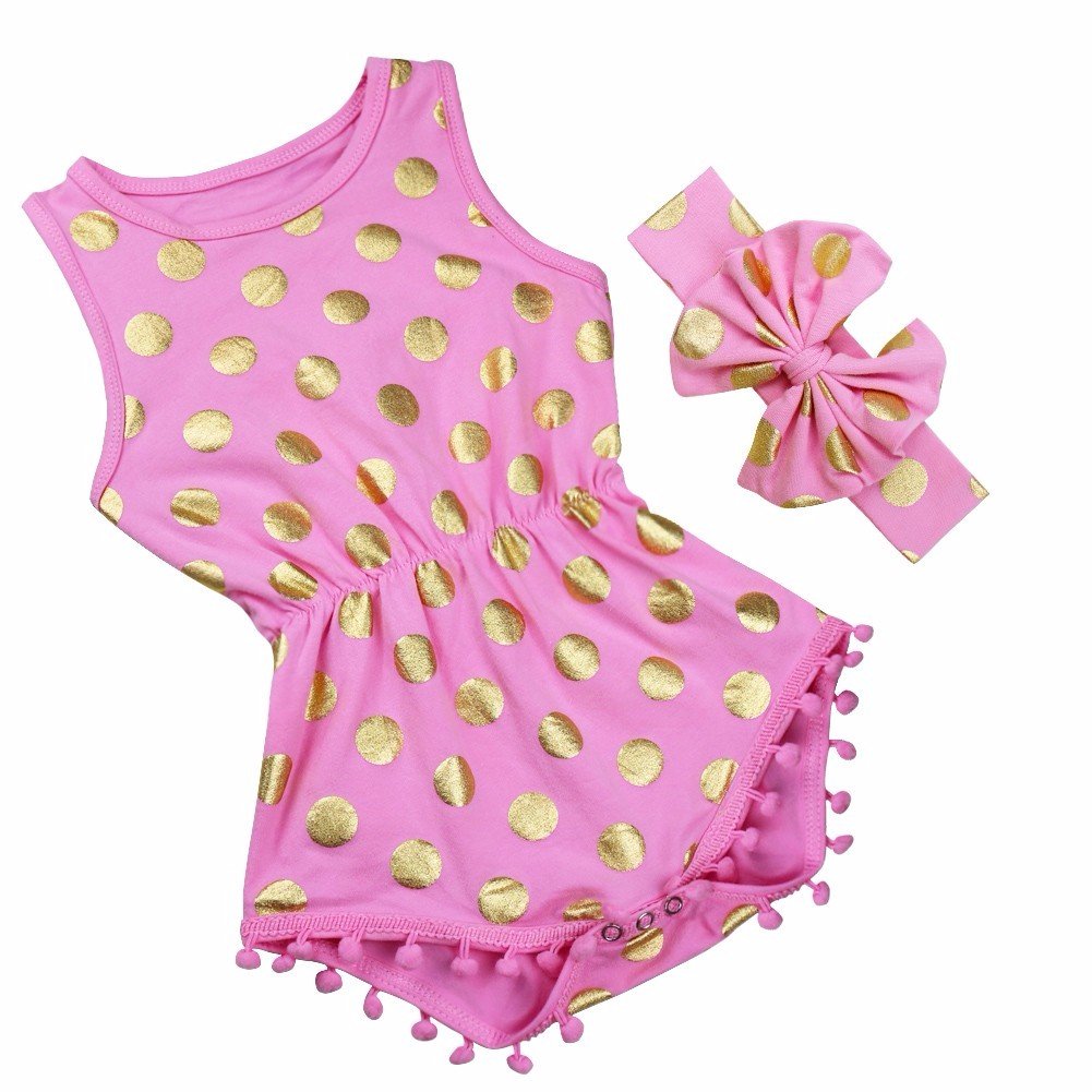 FEESHOWFEESHOW Baby Girl One Piece Romper Headband Polka Dot Bodysuit Summer Outfit Set