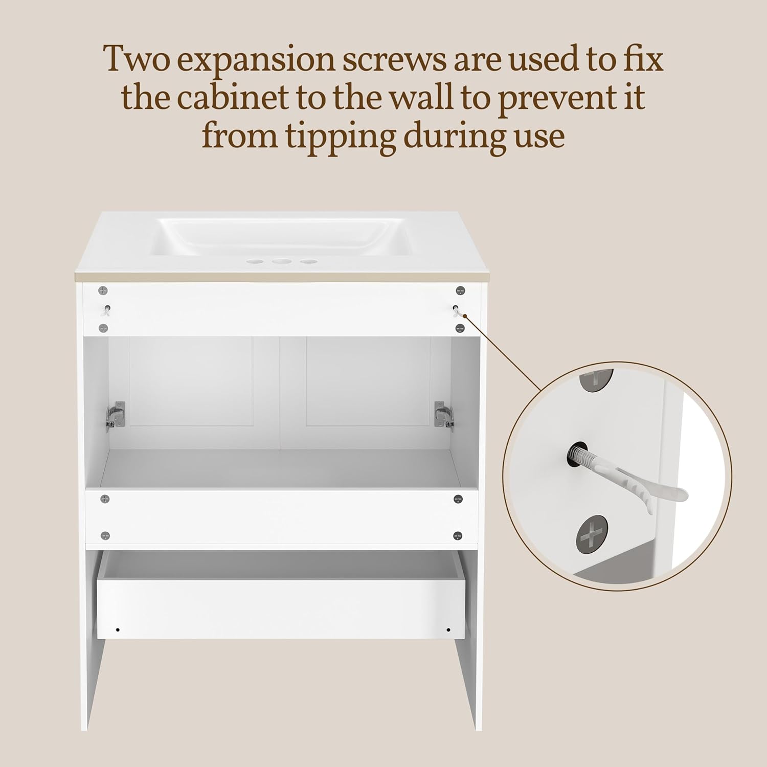Illustration showing the installation of the anti-tip device, fixing the cabinet to the wall with expansion screws.